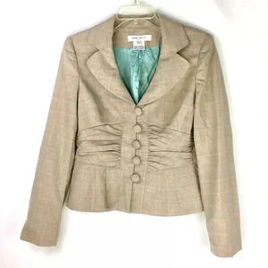 Nine West Women Plaid Blazer Gathered Peplum Jacket Tan Turquoise Size 14